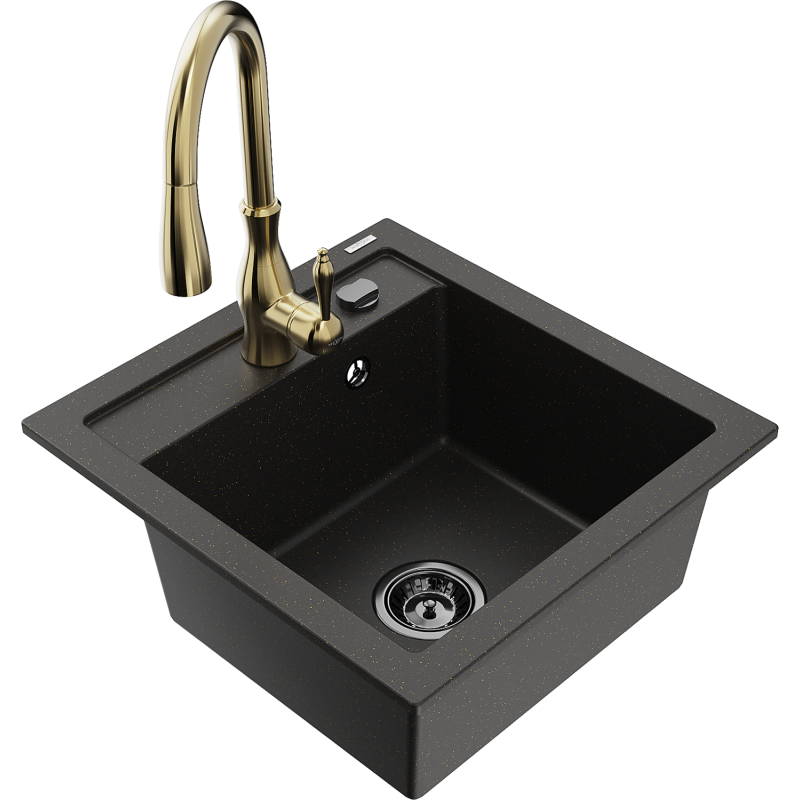 Mexen Vito chiuvetă de granit cu 1 compartiment cu baterie de bucătărie Savita, negru/auriu metalizat - 6503-75-672601-50-B