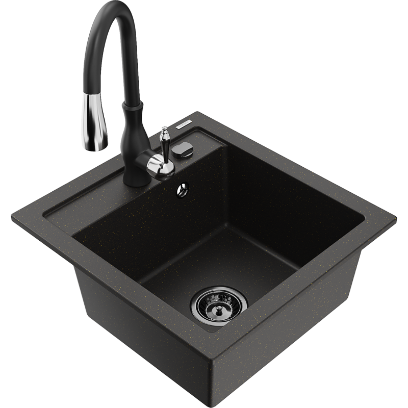 Mexen Vito chiuvetă din granit cu 1 compartiment cu baterie de bucătărie Savita, negru/auriu metalizat - 6503-75-672601-70-B