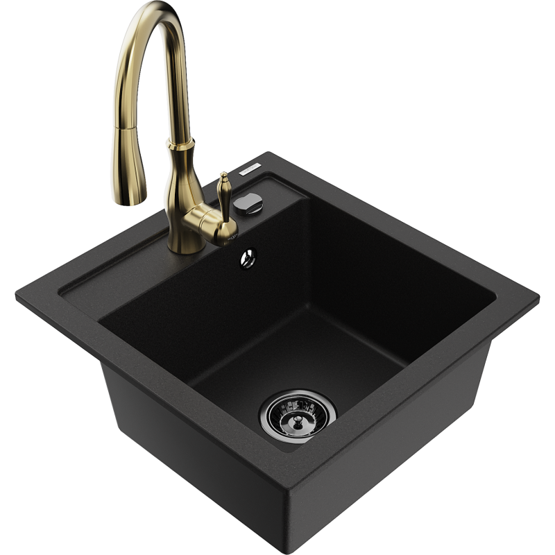 Mexen Vito chiuvetă de bucătărie din granit, cu 1 compartiment, cu baterie de bucătărie Savita, negru - 6503-77-672601-50-B