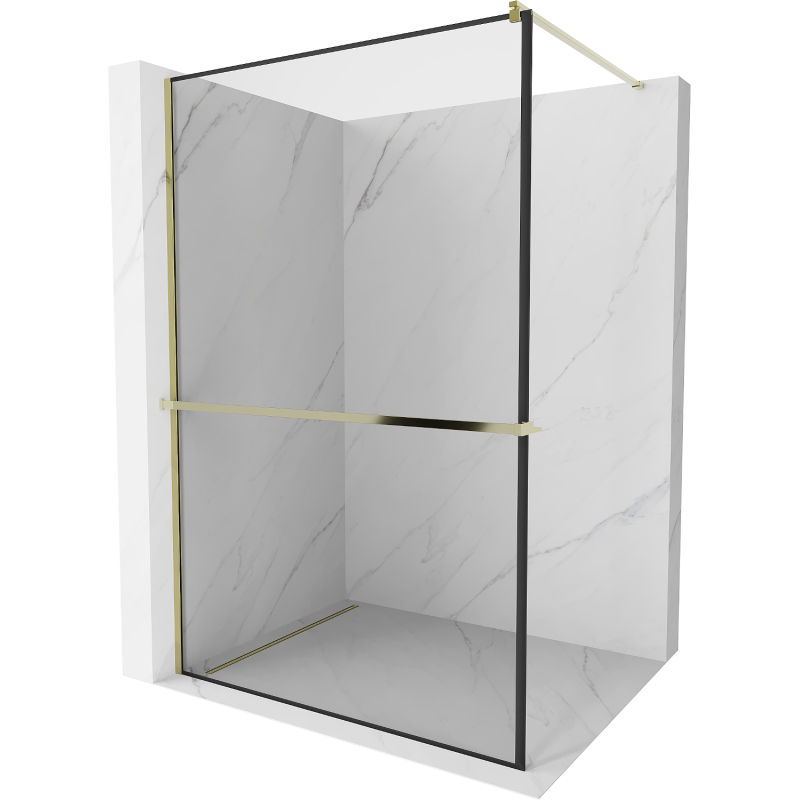 Mexen Kioto+ 130 x 200 cm-es zuhanyfal polccal, fekete keret, arany - 800-130-121-50-70