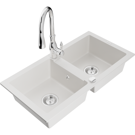 Mexen Mario gránit kétmedencés mosogató Savita konyhai csapteleppel, fehér - 6504-20-672601-00