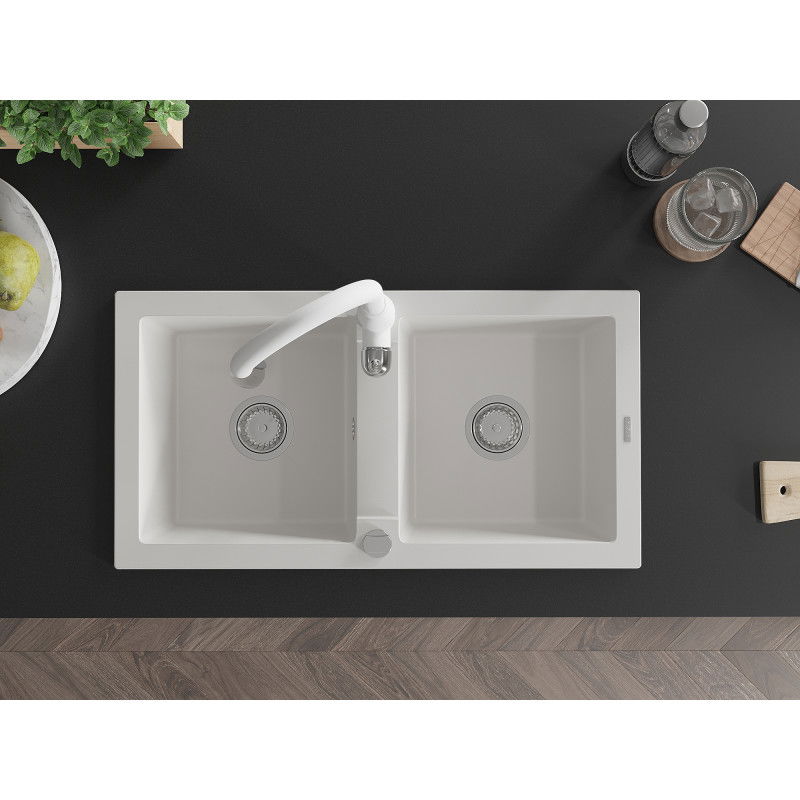 Mexen Mario chiuvetă de granit 2-camere cu baterie de bucătărie Savita, alb - 6504-20-672601-20