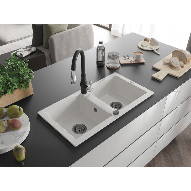 Mexen Mario chiuvetă de bucătărie din granit cu 2 compartimente, cu baterie Savita, albă - 6504-20-672601-70