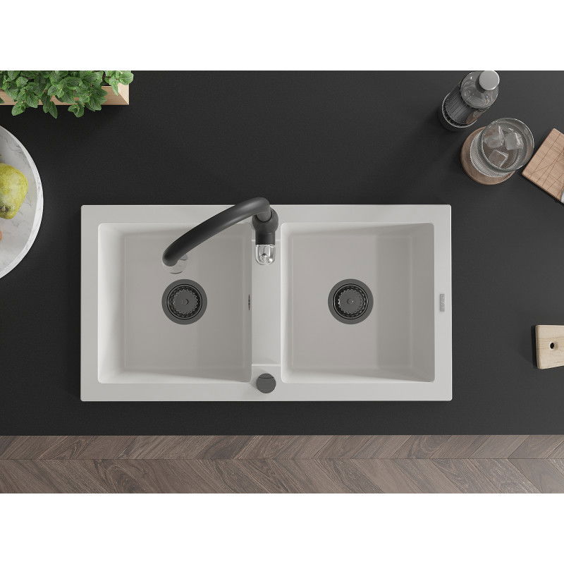 Mexen Mario 2 rekeszes gránit mosogató Savita konyhai csapteleppel, fehér - 6504-20-672601-70