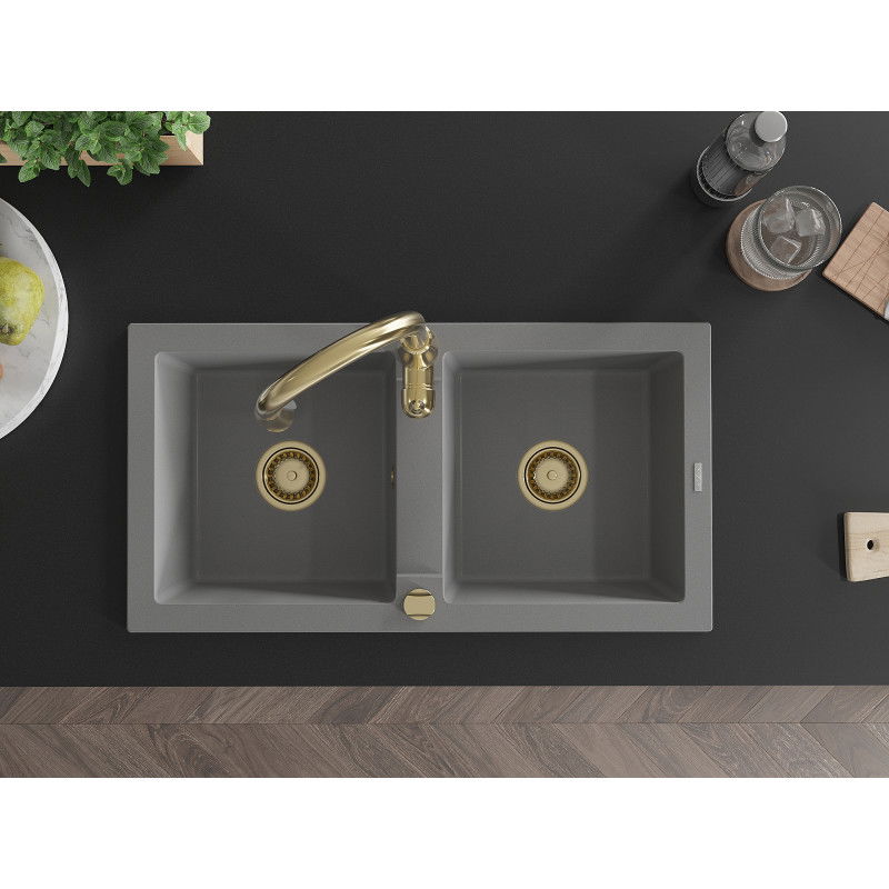 Mexen Mario kéttálcás gránit mosogató konyhai csappal Savita, szürke - 6504-71-672601-50