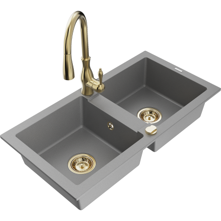 Mexen Mario kéttálcás gránit mosogató konyhai csappal Savita, szürke - 6504-71-672601-50
