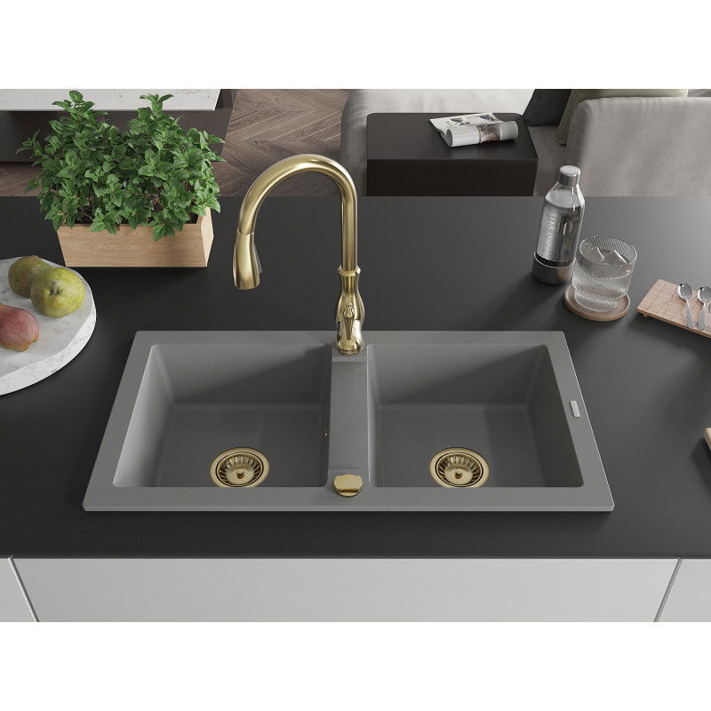 Mexen Mario kéttálcás gránit mosogató konyhai csappal Savita, szürke - 6504-71-672601-50