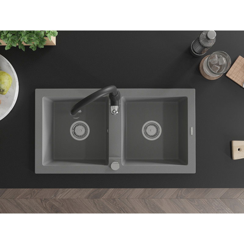 Mexen Mario 2 kamrás gránit mosogató Savita konyhai csappal, szürke - 6504-71-672601-70