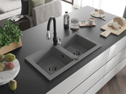 Mexen Mario gránit 2-medencés mosogató Savita konyhai csapteleppel, szürke - 6504-71-672601-70-B