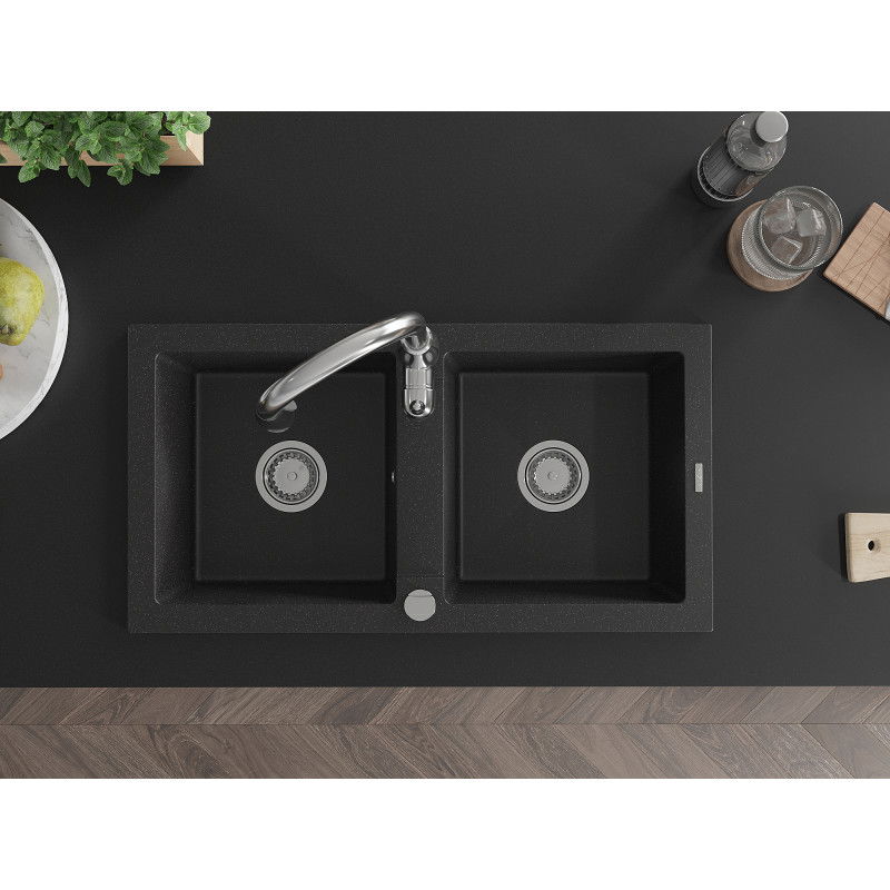 Mexen Mario gránit konyhai mosogató 2 rekeszes Savita csapteleppel, fekete/ezüst metál - 6504-73-672601-00