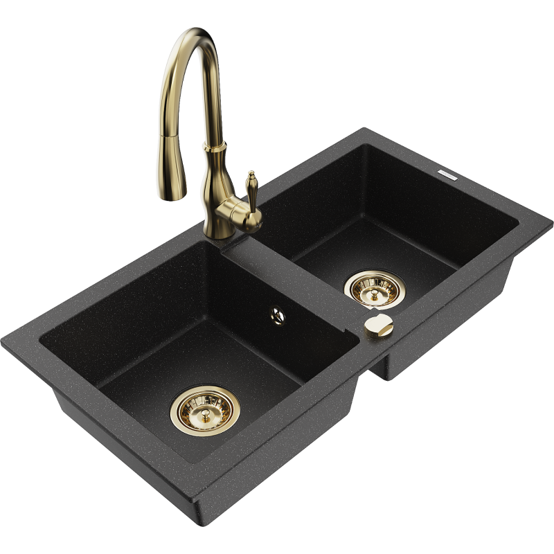 Mexen Mario chiuvetă de granit cu 2 compartimente cu baterie de bucătărie Savita, negru/argintiu metalic - 6504-73-672601-50