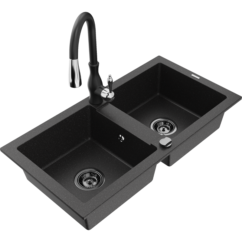 Mexen Mario chiuvetă de granit cu 2 compartimente și robinet de bucătărie Savita, negru/argintiu metalic