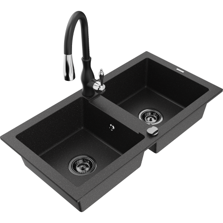 Mexen Mario chiuvetă de granit cu 2 compartimente și robinet de bucătărie Savita, negru/argintiu metalic