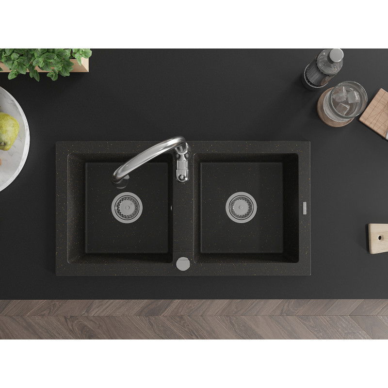 Mexen Mario gránit mosogatótál 2 rekeszes konyhai csapteleppel Savita, fekete/arany metál - 6504-75-672601-00
