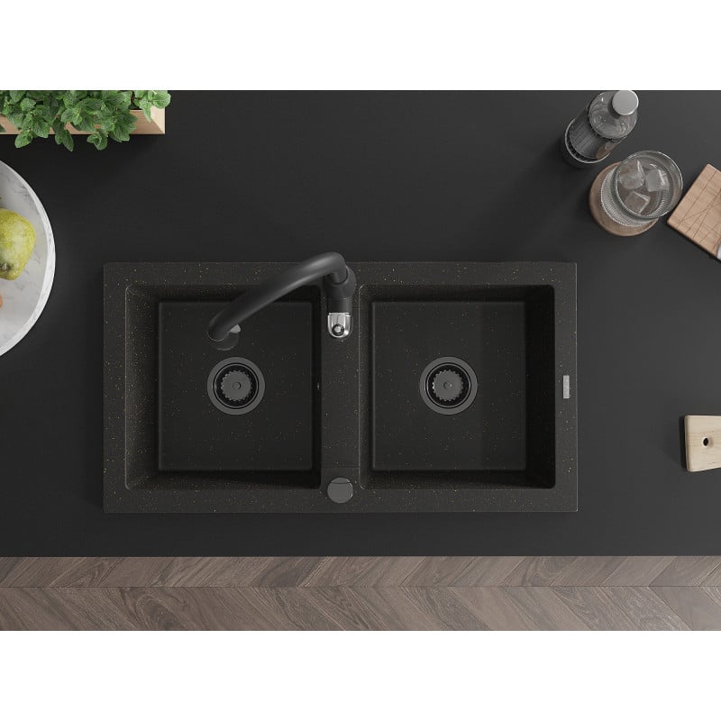 Mexen Mario kéttálcás gránit mosogató Savita konyhai csapteleppel, fekete/arany metál - 6504-75-672601-70-B