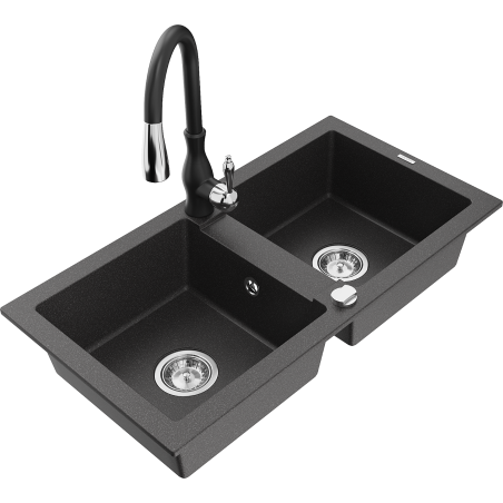Mexen Mario chiuvetă de bucătărie din granit cu 2 compartimente cu baterie Savita, negru presărat - 6504-76-672601-70
