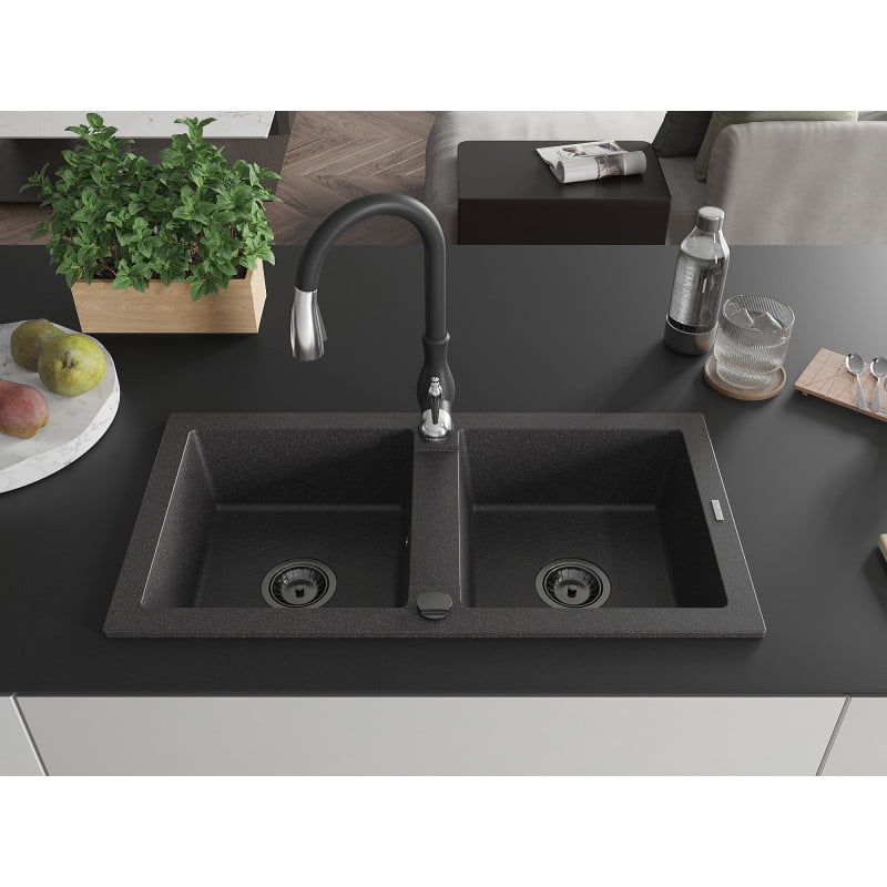 Mexen Mario chiuvetă de granit cu 2 compartimente cu baterie de bucătărie Savita, negru presărat - 6504-76-672601-70-B