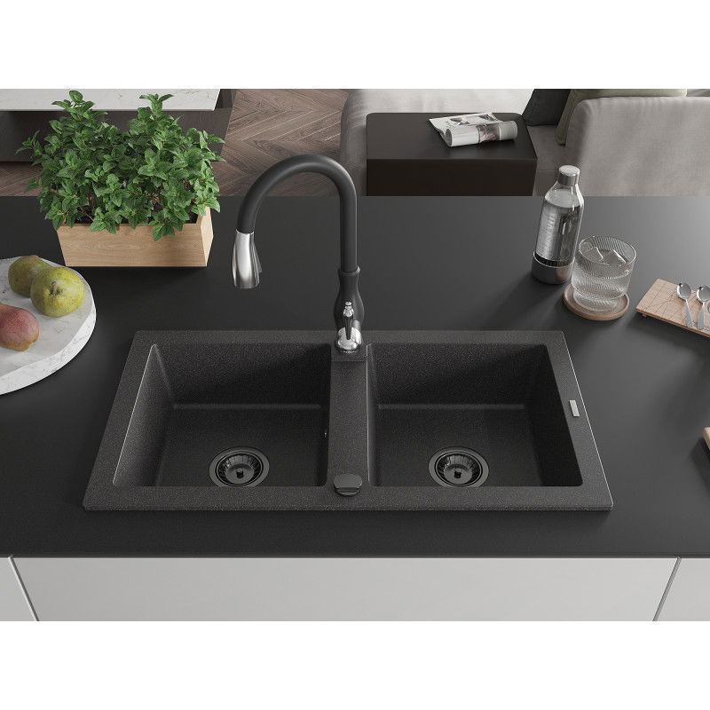 Mexen Mario gránit mosogatótálca 2-medencés Savita konyhai csappal, fekete foltos - 6504-76-672601-70-B
