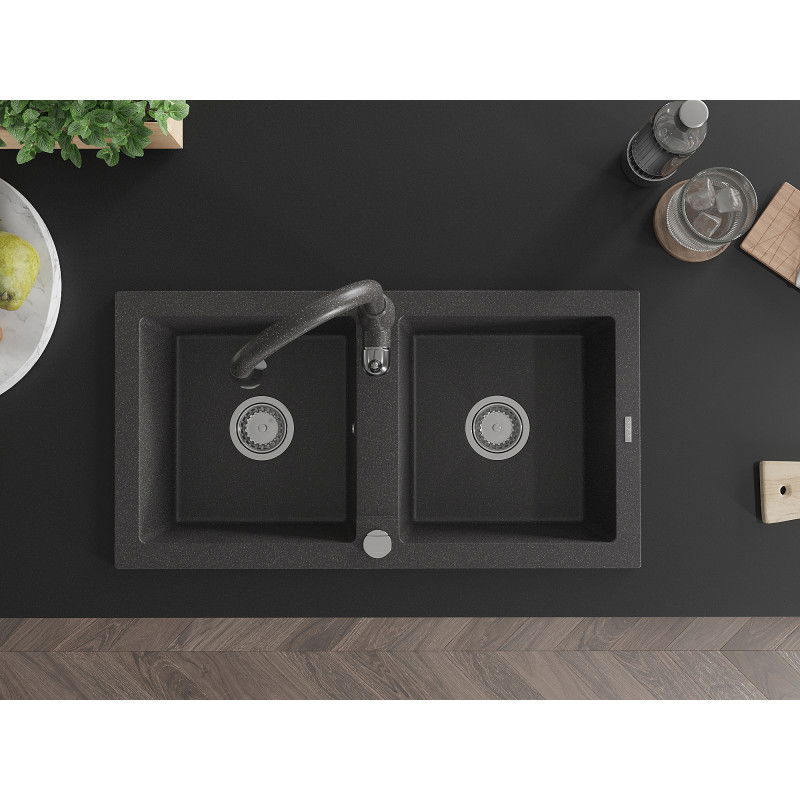 Mexen Mario chiuvetă de granit cu 2 compartimente și baterie de bucătărie Savita, negru pătat - 6504-76-672601-76