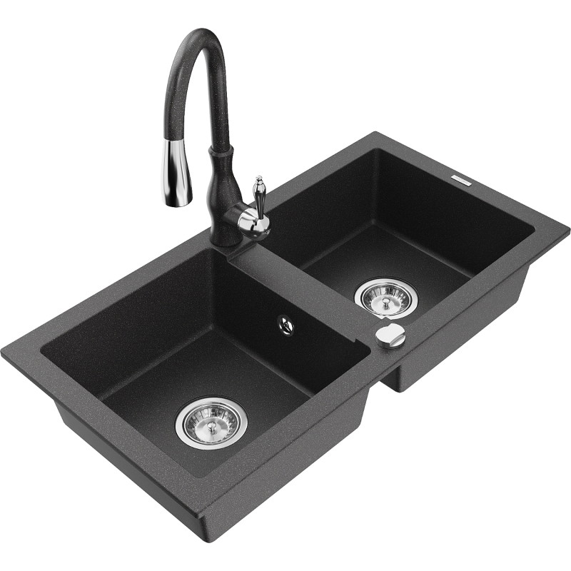 Mexen Mario chiuvetă granit cu 2 cuve cu baterie de bucătărie Savita, negru cu efect de stropi - 6504-76-672601-76