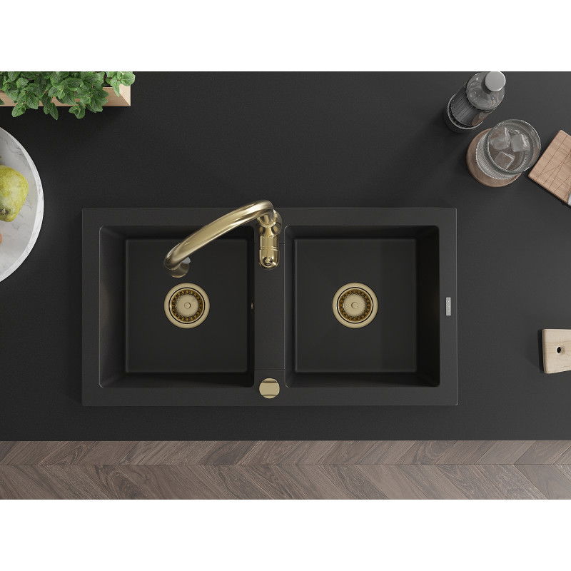 Mexen Mario chiuvetă de bucătărie granit cu 2 compartimente și baterie Savita, negru - 6504-77-672601-50