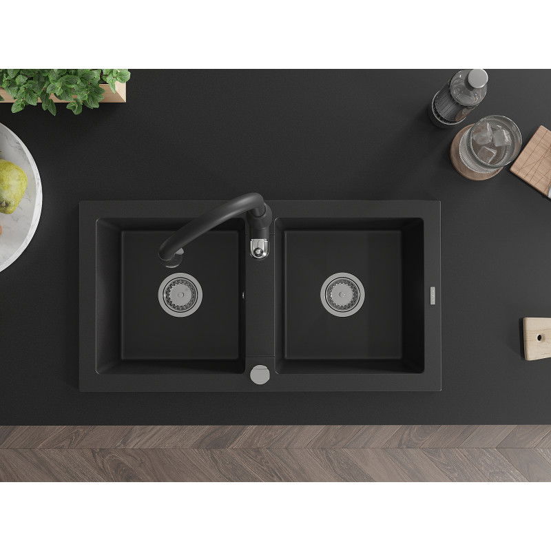 Mexen Mario chiuvetă de bucătărie din granit cu 2 compartimente și baterie de bucătărie Savita, negru - 6504-77-672601-70