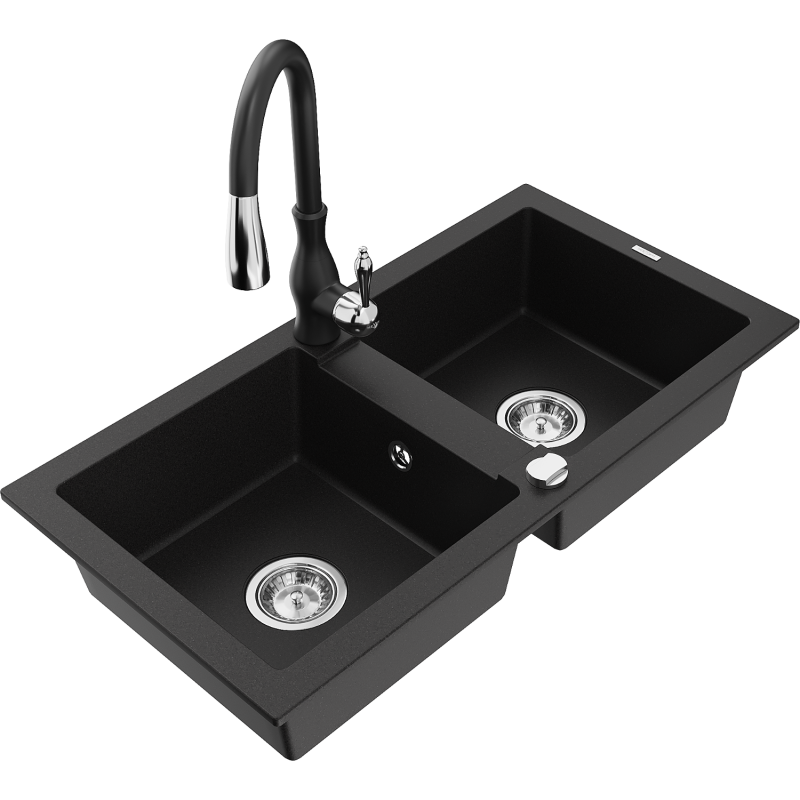 Mexen Mario 2-kamrás gránit mosogató Savita konyhai csapteleppel, fekete - 6504-77-672601-70