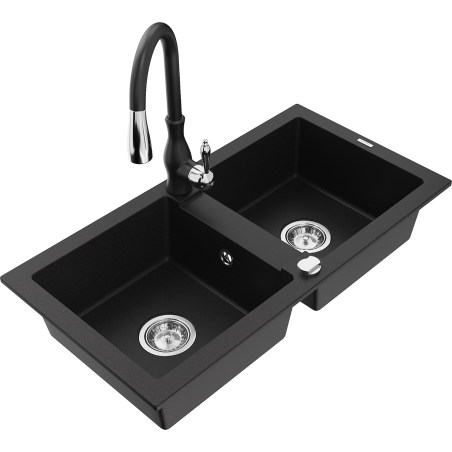 Mexen Mario 2-kamrás gránit mosogató Savita konyhai csapteleppel, fekete - 6504-77-672601-70
