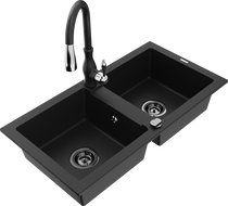 Mexen Mario chiuvetă granit 2-cupe cu baterie de bucătărie Savita, negru - 6504-77-672601-70-B