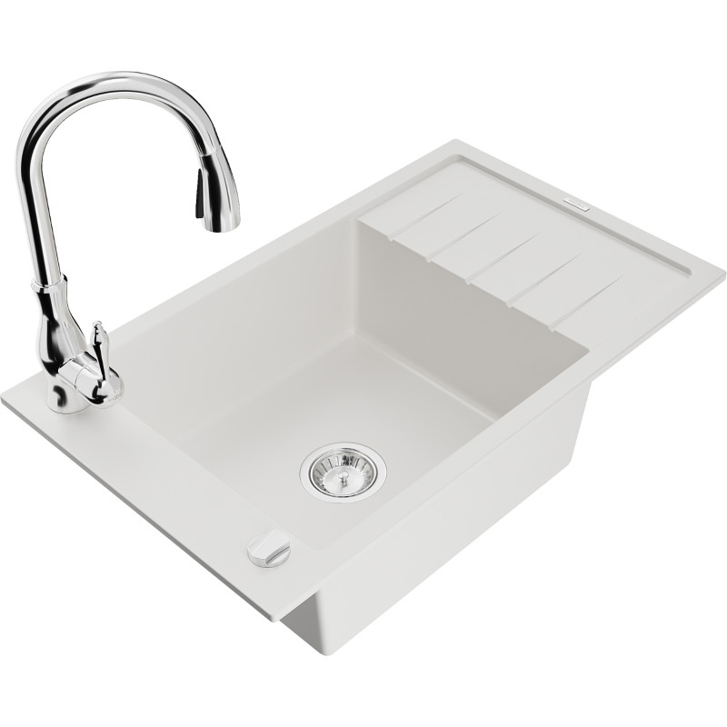Mexen Elias chiuvetă de granit cu 1 cameră cu scurgător și baterie de bucătărie Savita, alb - 6511-20-672601-00
