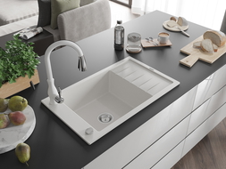 Mexen Elias chiuvetă de bucătărie din granit cu o cuvă și scurgător și baterie de bucătărie Savita, alb - 6511-20-672601-20