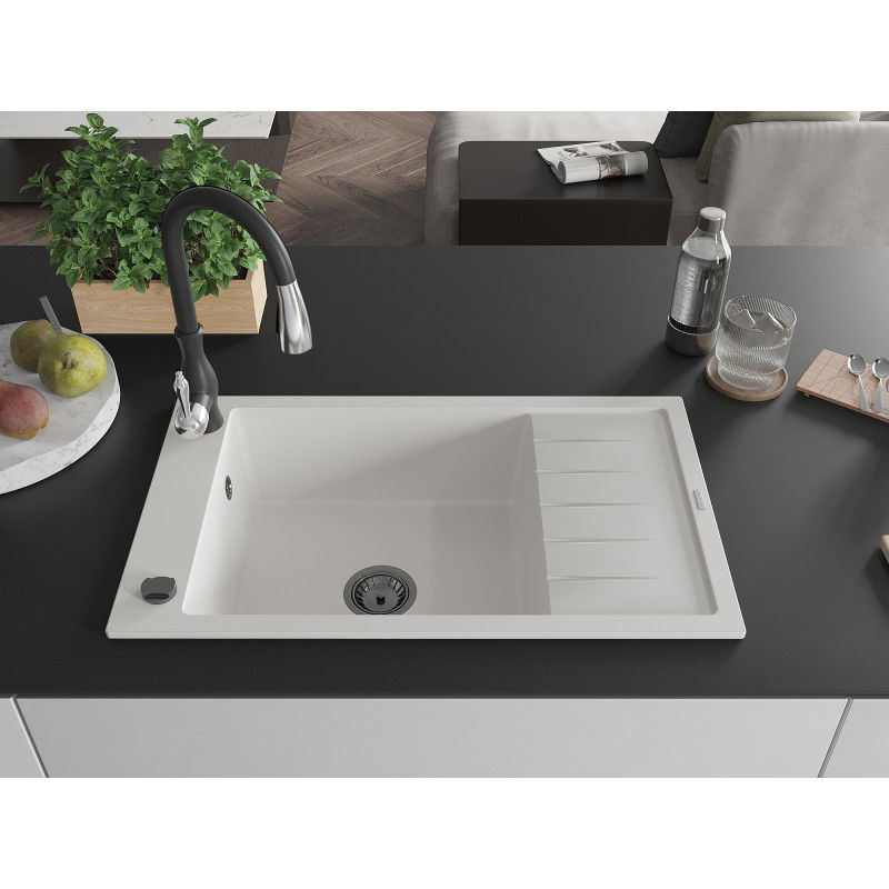 Mexen Elias egymedencés gránit mosogató csepegtetővel és Savita konyhai csappal, fehér - 6511-20-672601-70