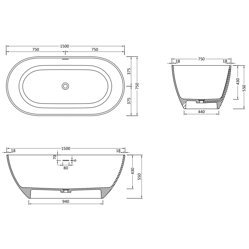 Mexen Rimini cadă de sine stătătoare din conglomerat 150 x 75 cm, alb mat - 57241507500