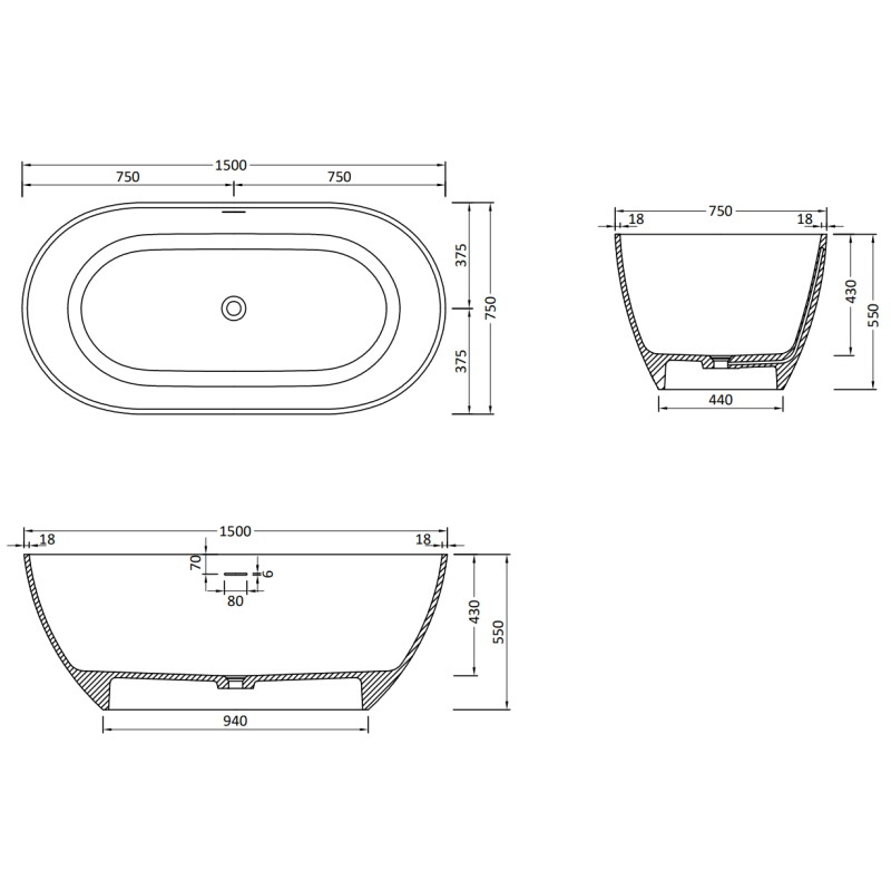 Mexen Rimini szabadon álló konglomerátum kád 150 x 75 cm, fehér matt - 57241507500