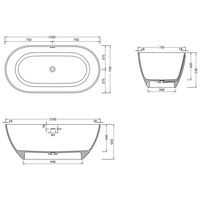 Mexen Rimini szabadon álló kád konglomerátumból 150 x 75 cm, fekete matt - 57241507570