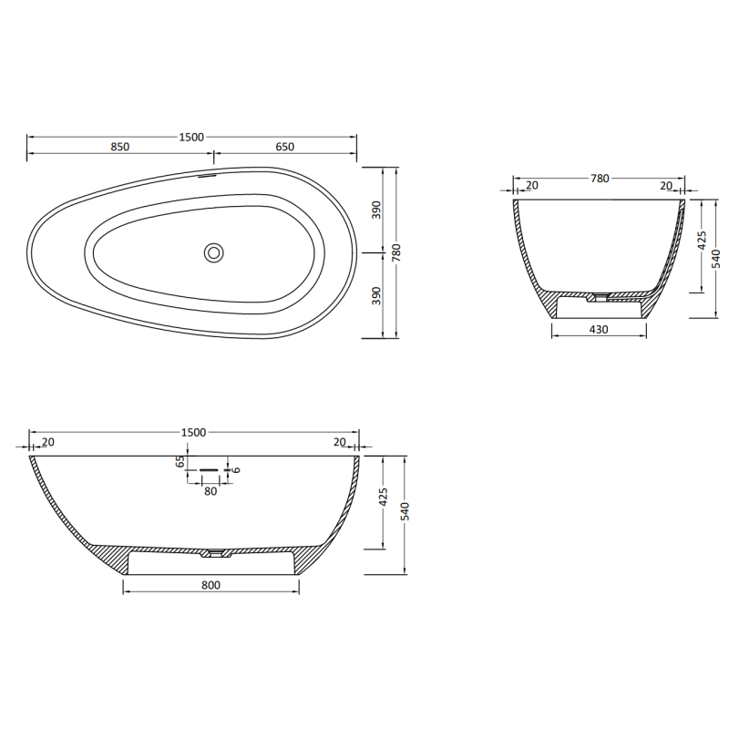Mexen Palermo cadă freestanding din conglomerat 150 x 78 cm, negru mat - 57211507870