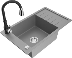 Mexen Elias chiuvetă de bucătărie din granit cu 1 cameră cu scurgător și baterie de bucătărie Savita, gri - 6511-71-672601-70