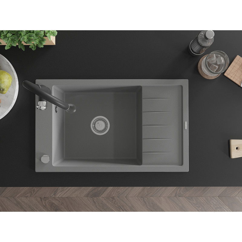 Mexen Elias egymedencés gránit mosogató csepegtetővel és Savita konyhai csapteleppel, szürke - 6511-71-672601-70