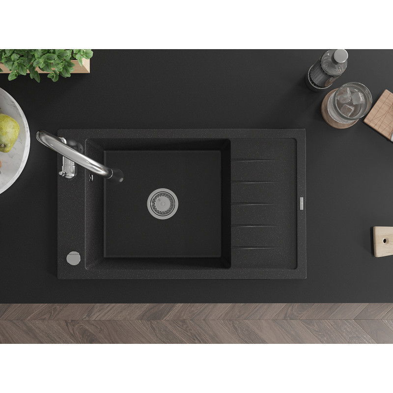 Mexen Elias gránit mosogató 1-medencés csepegtetővel és Savita konyhai csapteleppel, fekete/ezüst metál- 6511-73-672601-00
