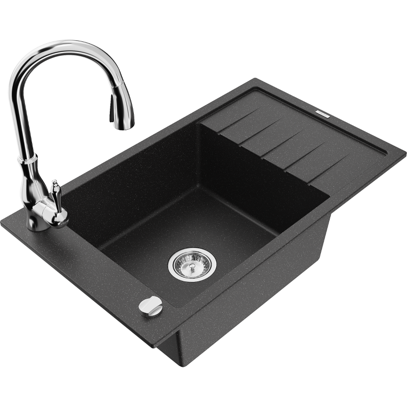 Chiuvetă granit Mexen Elias cu o cuvă cu scurgător și baterie bucătărie Savita, negru/argintiu metalic- 6511-73-672601-00