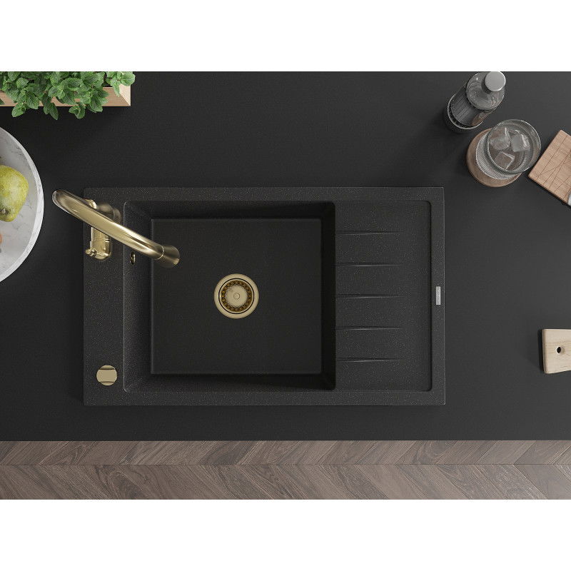 Mexen Elias egykamrás gránit mosogató csepegtetővel és Savita konyhai csapteleppel, fekete/ezüst metál - 6511-73-672601-50
