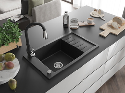 Chiuvetă granit Mexen Elias cu 1 cuvă, picurător și baterie de bucătărie Savita, negru/argintiu metalizat- 6511-73-672601-70