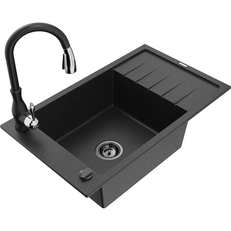Chiuvetă granit Mexen Elias 1-cameră cu scurgător și baterie bucătărie Savita, negru/argintiu metalic- 6511-73-672601-70-B