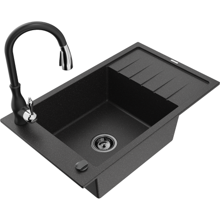 Chiuvetă granit Mexen Elias 1-cameră cu scurgător și baterie bucătărie Savita, negru/argintiu metalic- 6511-73-672601-70-B