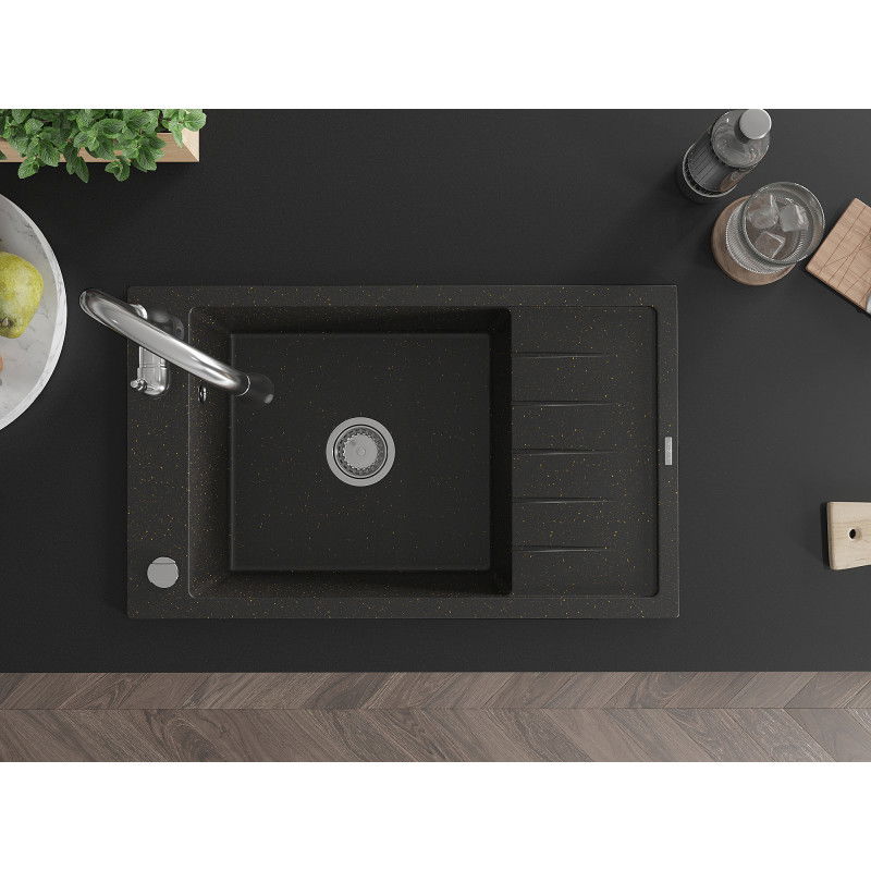 Mexen Elias egymedencés gránit mosogató csepptálcával és Savita konyhai csappal, fekete/arany metál - 6511-75-672601-00