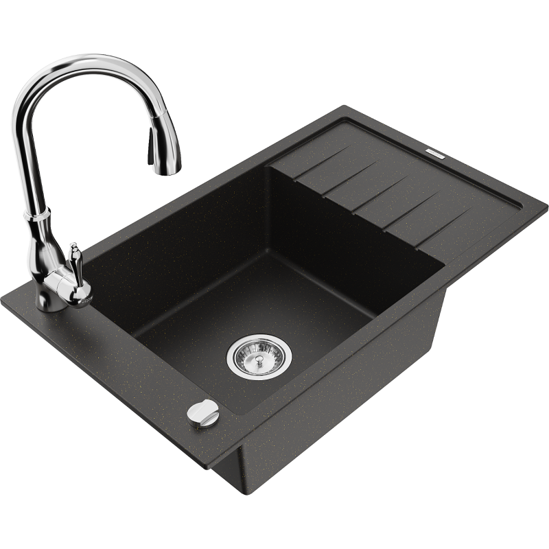 Chiuvetă granit Mexen Elias, 1 cuvă cu scurgător și baterie bucătărie Savita, negru/auriu metalic- 6511-75-672601-00