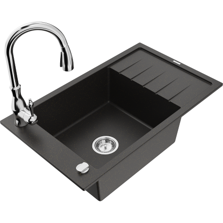 Chiuvetă granit Mexen Elias, 1 cuvă cu scurgător și baterie bucătărie Savita, negru/auriu metalic- 6511-75-672601-00