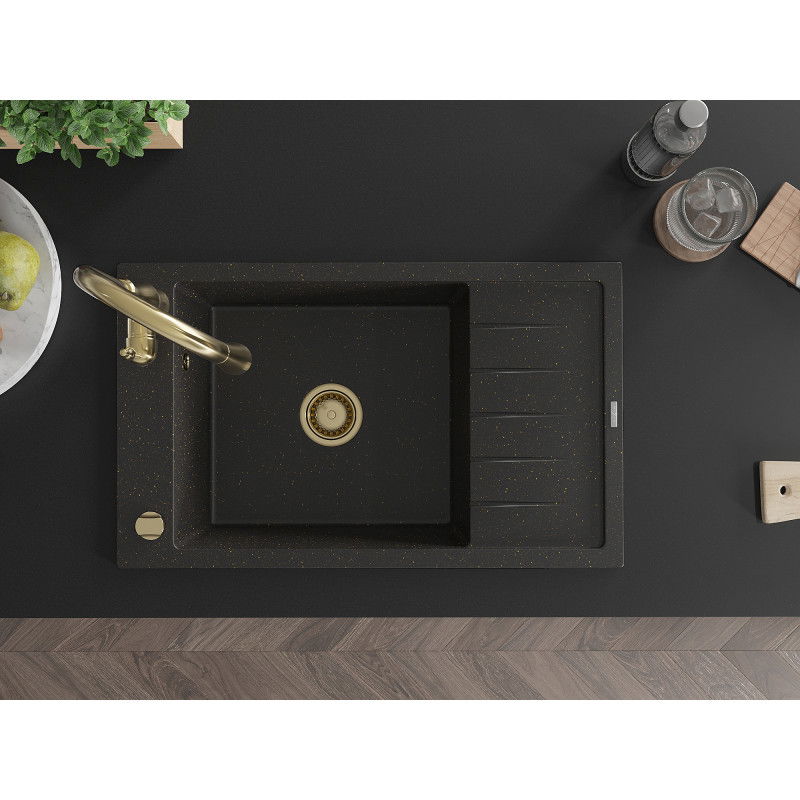 Mexen Elias egykamrás gránit mosogató csepegtetővel és Savita konyhai csapteleppel, fekete/arany metál - 6511-75-672601-50