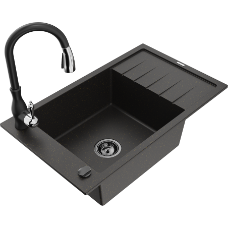 Mexen Elias chiuvetă de granit cu 1 cuvă cu scurgător și baterie de bucătărie Savita, negru/auriu metalic