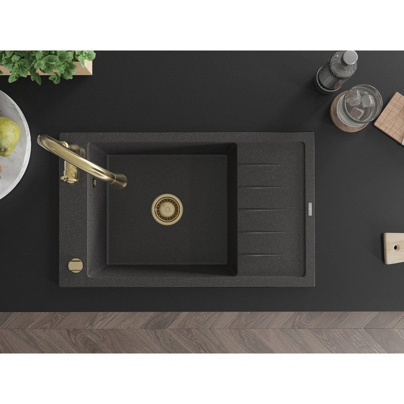 Mexen Elias chiuvetă granit 1 cuvă cu scurgător și baterie de bucătărie Savita, negru înspicat - 6511-76-672601-50